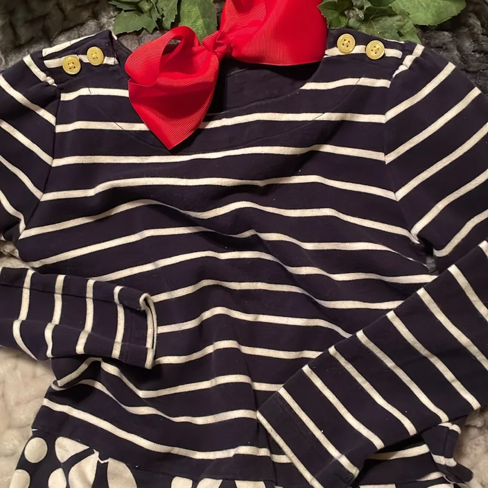 Cute as a Button a blue & white striped dress w yellow splashes of color SZ 7